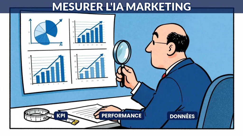 Un marketeur analyse les métriques de performance IA avec des graphiques et un tableau de mesure, représentant l'impact de l'intelligence artificielle sur le marketing