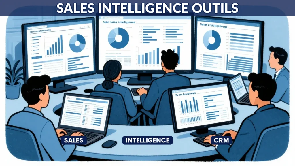 Comparatif d'outils sales intelligence IA sur un écran, équipe commerciale analysant les données