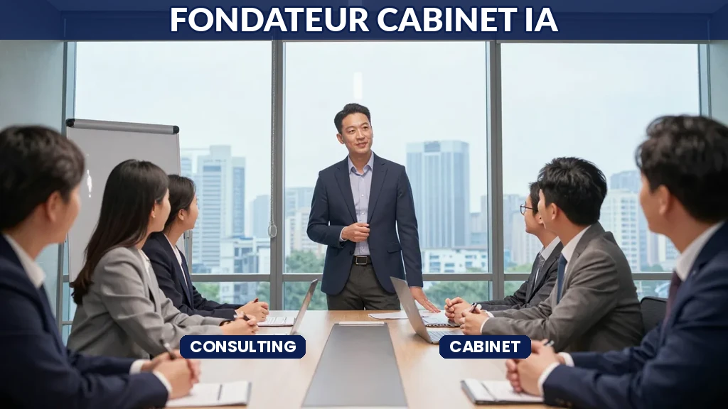 Fondateur de cabinet IA dirigeant une réunion stratégique avec équipe consultants
