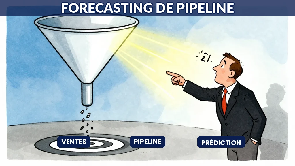 Illustration stylisée Sempé montrant un commercial face à une courbe de projection IA, tons bleus ciel et marine