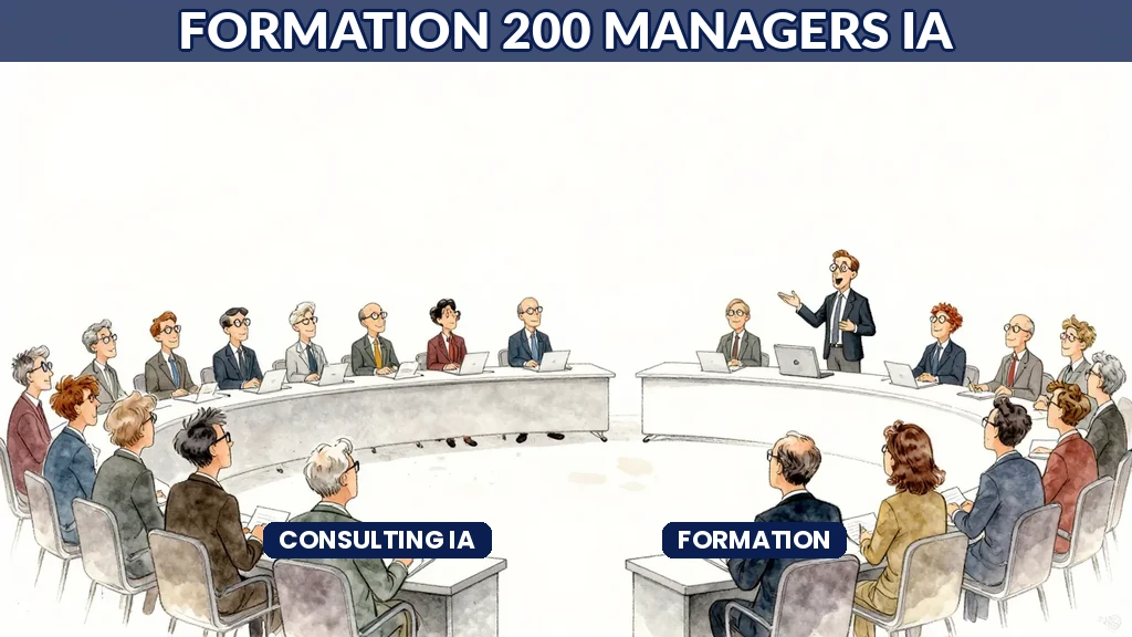 Grande salle de formation avec managers apprenant l'IA avec enthousiasme