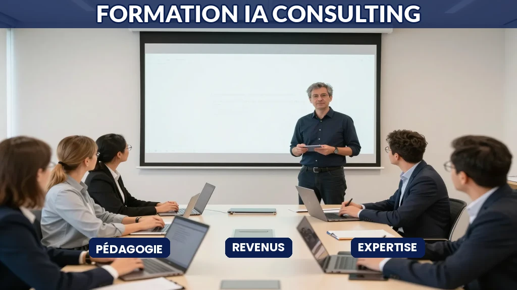Consultant formateur IA français animant une session de formation en entreprise avec des dirigeants qui suivent attentivement la présentation