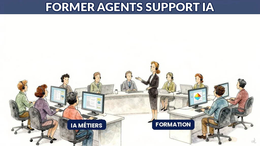 Deux agents de support collaborant avec un écran affichant des données d'IA en temps réel