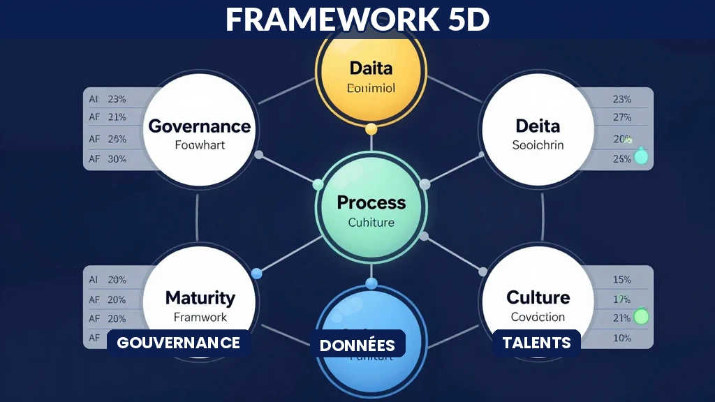 Représentation visuelle d'un framework de diagnostic IA montrant cinq dimensions interconnectées avec des graphiques d'évaluation de maturité