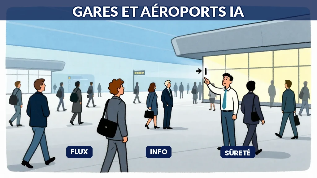 Illustration Sempé montrant un aéroport futuriste avec des flux voyageurs guidés par signalétique IA, ambiance bleu lumineux accueillant