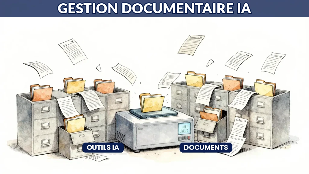 Des dossiers numériques s'organisant automatiquement avec des symboles d'IA et de classement