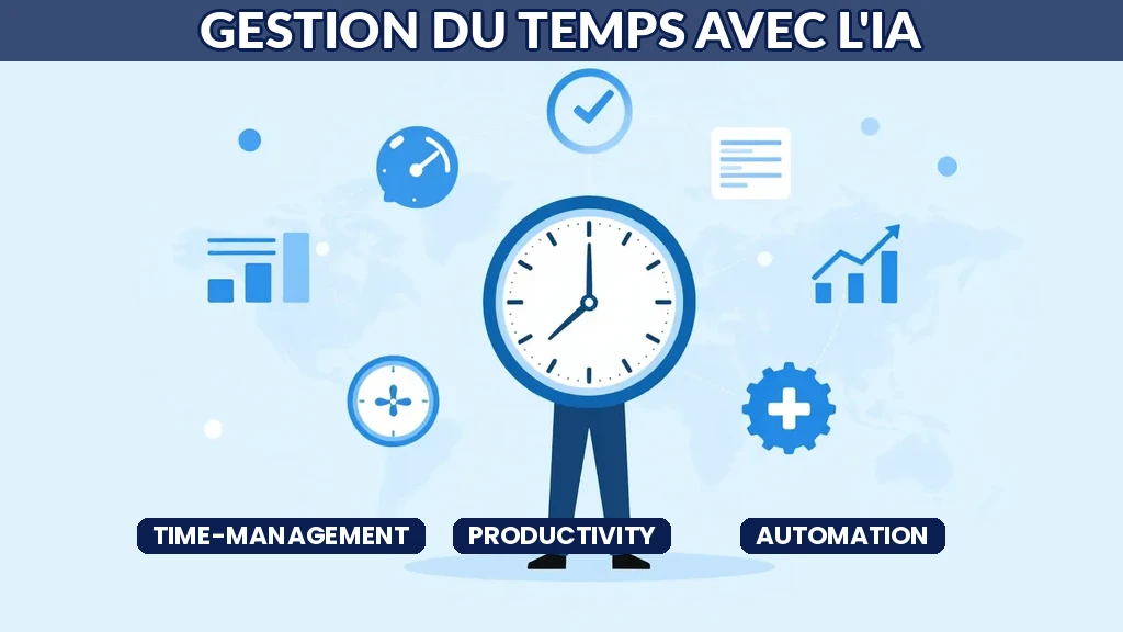 Illustration d'un professionnel entouré de symboles de temps avec l'IA éliminant des tâches, style minimaliste avec horloge et graphiques