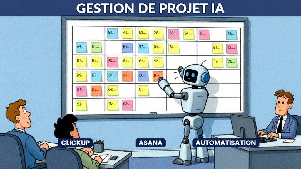 Solutions IA de gestion de projet 2026 - robot organisant un kanban board