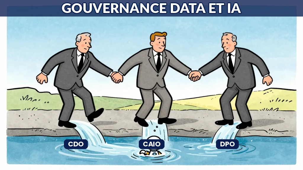 Illustration Sempé montrant une matrice organisationnelle avec CDO, CAIO, DPO interconnectés, tons bleus structurés