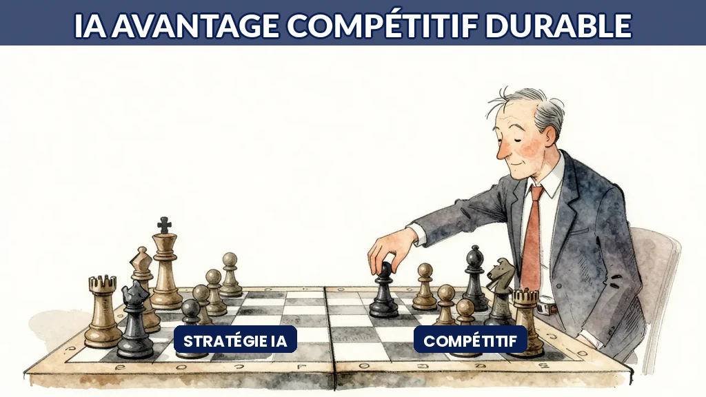 Graphique montrant l'évolution de l'avantage compétitif IA dans le temps avec courbe de valeur croissante