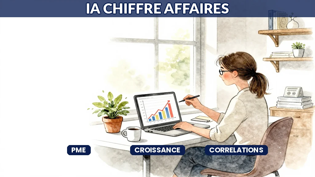 Dirigeante de PME française analysant les corrélations entre adoption de l'intelligence artificielle et croissance du chiffre d'affaires avec tableaux de bord