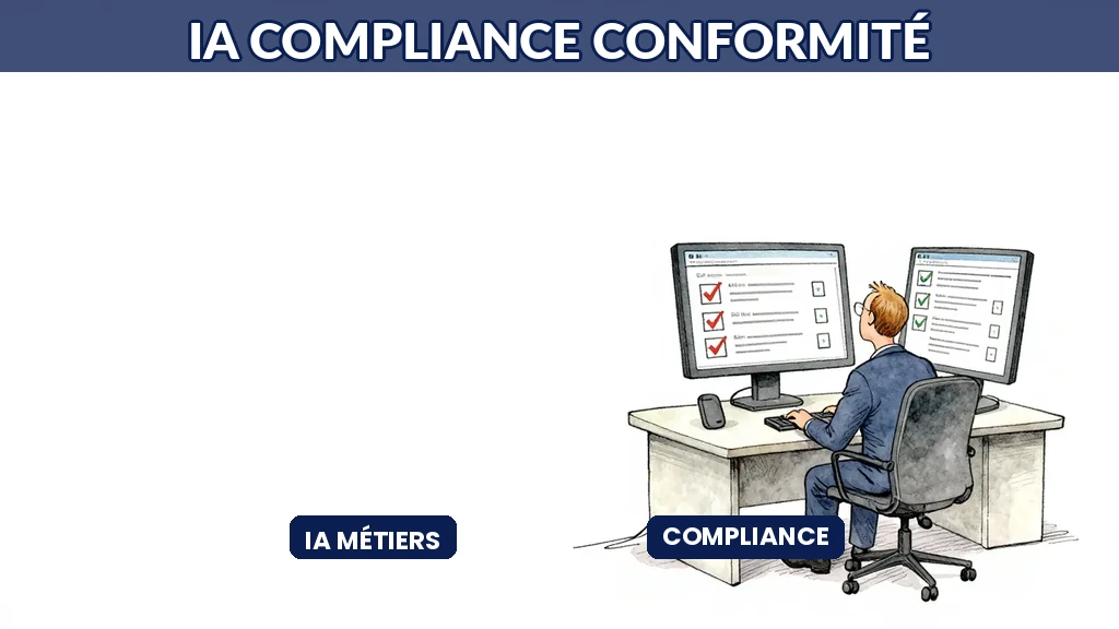 Responsable compliance avec écrans de surveillance IA affichant des indicateurs de conformité