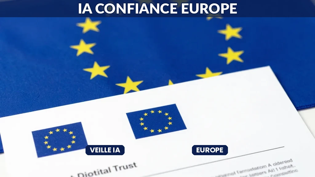 Drapeau européen avec symboles de certification et de confiance en intelligence artificielle