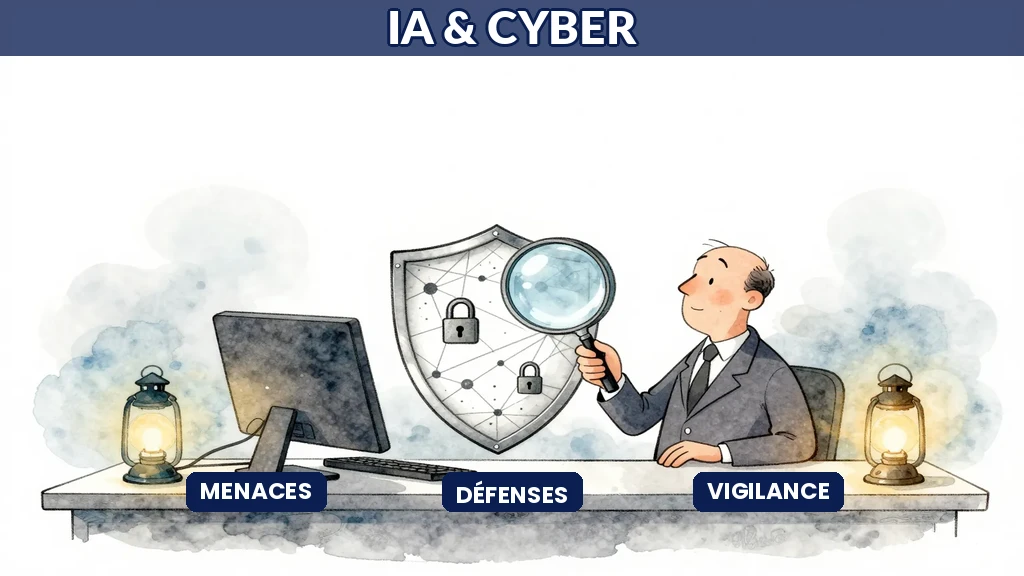 Responsable cybersécurité français surveillant un tableau de bord d'alertes générées par des outils IA de détection de menaces dans un centre de supervision