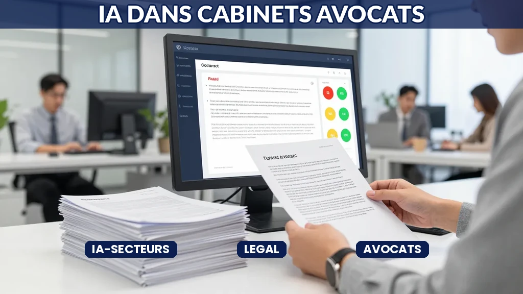 Cabinet d'avocat moderne avec IA analysant les contrats et identifiant les risques juridiques