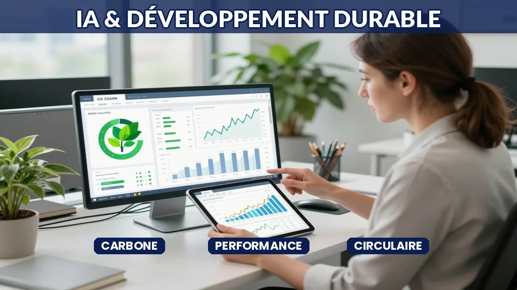 Dirigeante française d'une entreprise industrielle analysant des indicateurs de performance environnementale et économique optimisés par IA