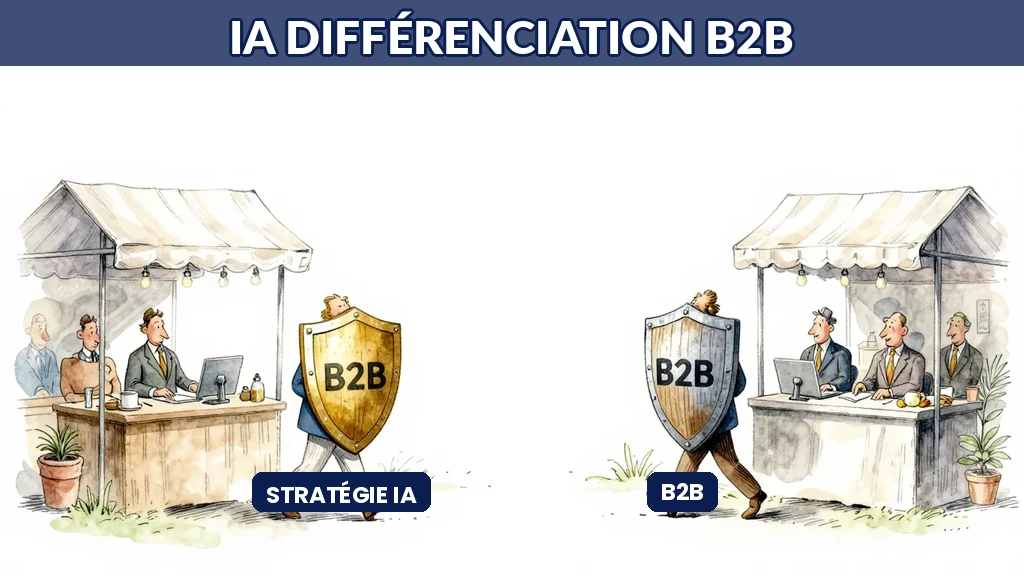 Diagramme montrant trois axes de différenciation IA : expertise client, données propriétaires, et intégration opérationnelle