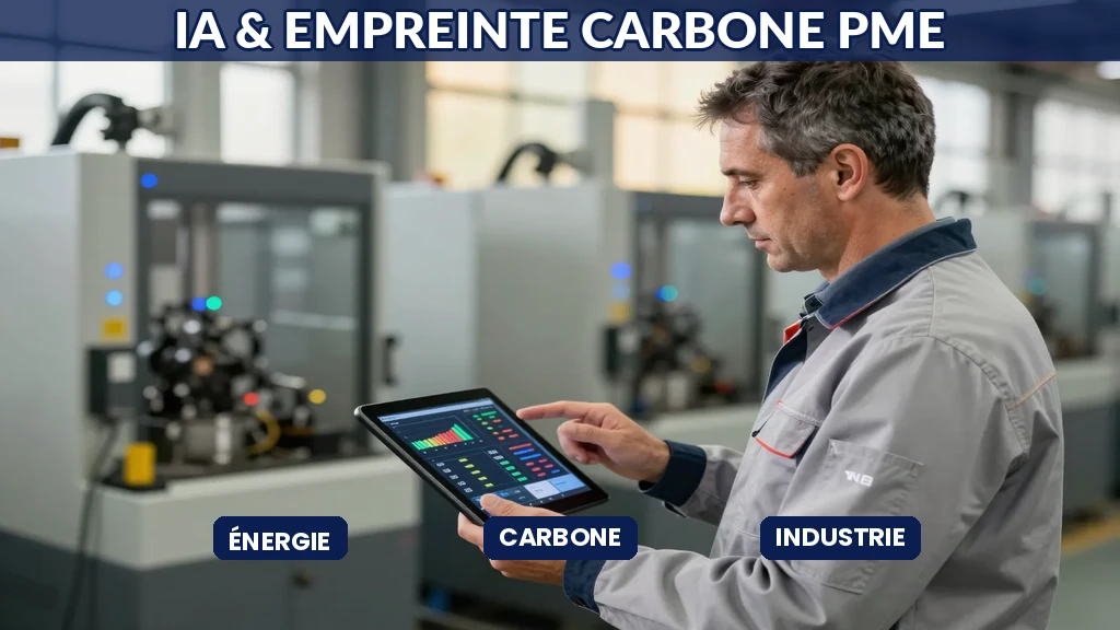 Responsable production d'une PME industrielle française consultant un tableau de bord d'indicateurs énergétiques et d'émissions carbone optimisé par intelligence artificielle