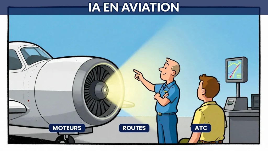 Illustration Sempé d'un avion entouré de capteurs lumineux analysant moteur et trajectoire, tons bleus acier modernes