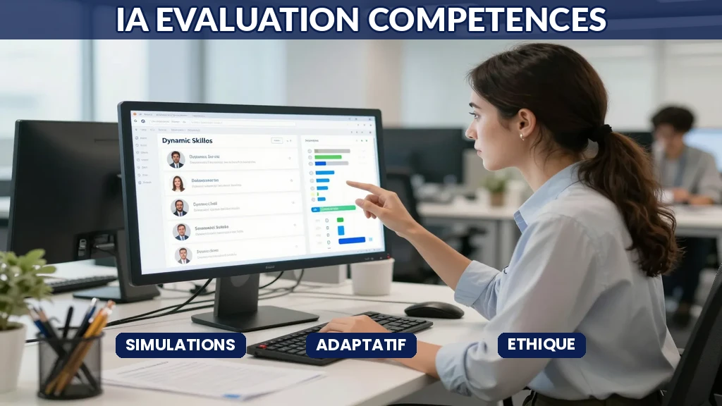 Responsable des ressources humaines francaise analysant sur son ecran les resultats d'une evaluation de competences dynamique pilotee par IA avec profils et indicateurs