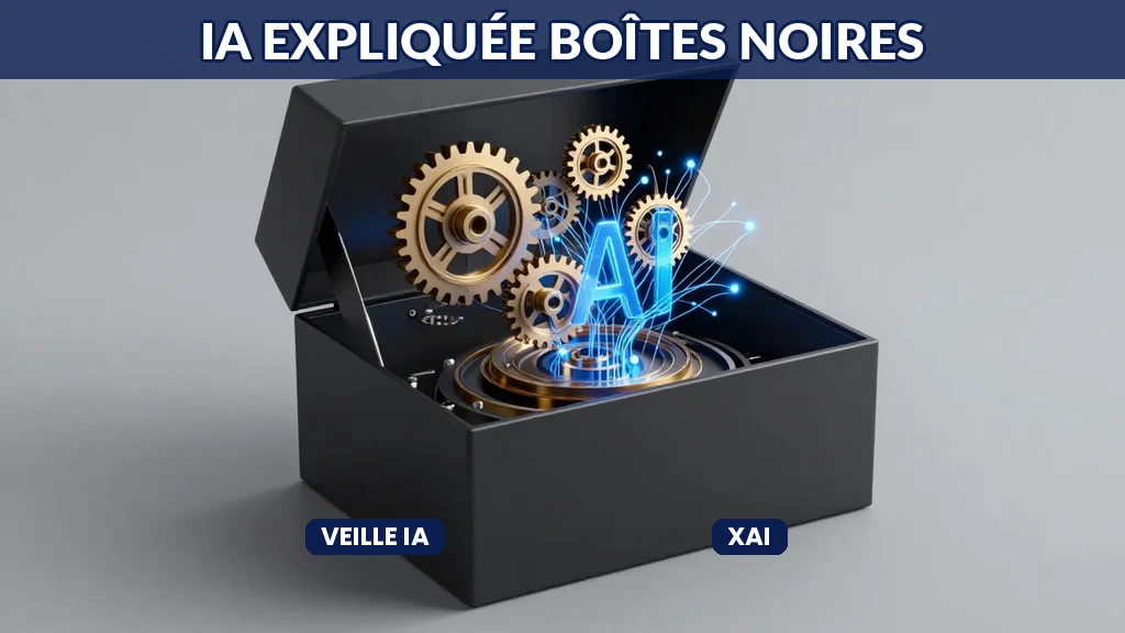 Boîte noire IA s'ouvrant pour révéler son mécanisme interne complexe
