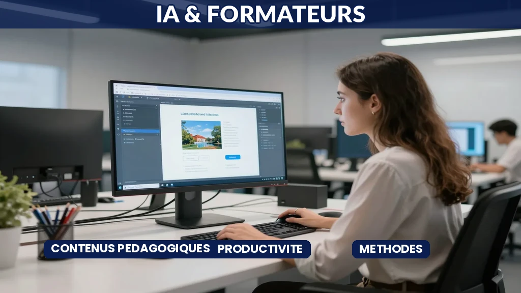 Formatrice francaise experte en ingenierie pedagogique utilisant des outils IA pour concevoir des modules d'apprentissage interactifs dans un studio moderne