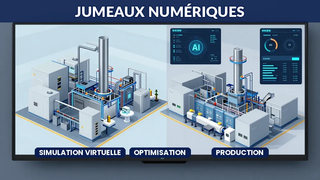 Représentation visuelle d'un jumeau numérique avec simulation 3D et optimisation de processus industriels