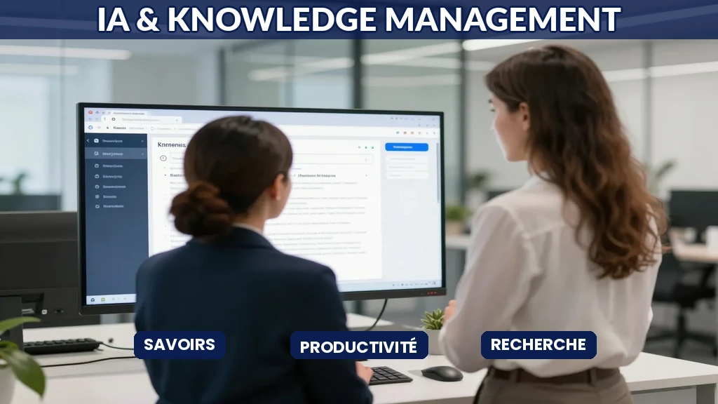 Collaborateurs d'une entreprise française consultant une base de connaissances interne alimentée par l'IA avec un moteur de recherche conversationnel