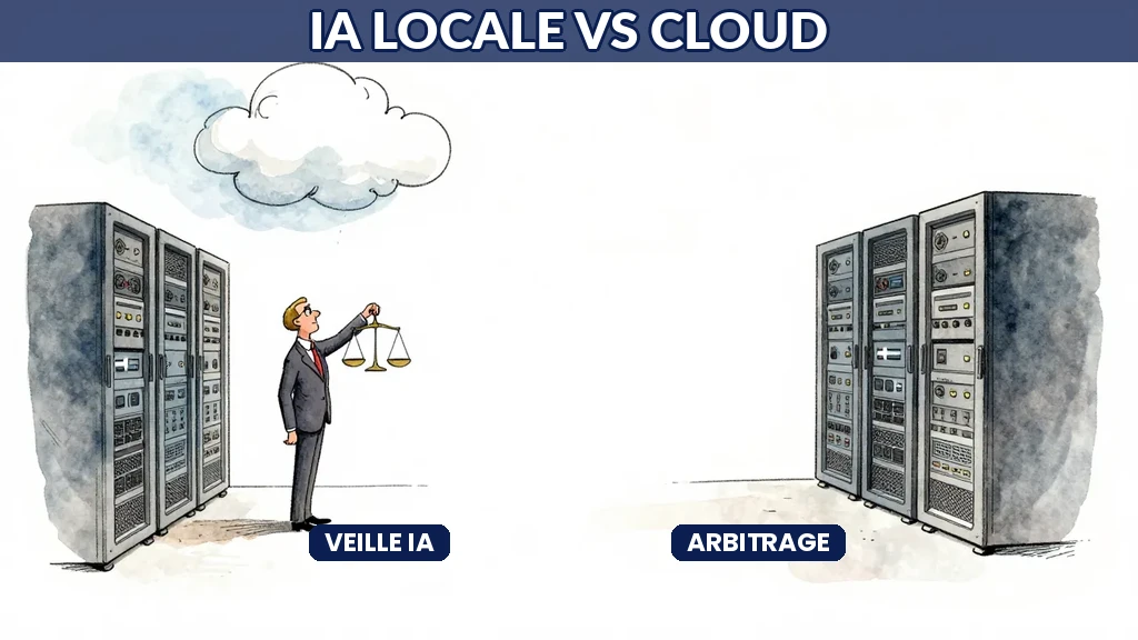 Professionnel pesant le choix entre IA locale et IA cloud avec une balance