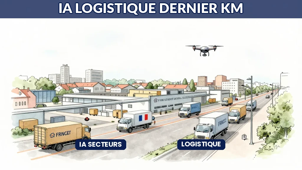 Hub logistique français avec camions et drones optimisés par IA pour le dernier kilomètre
