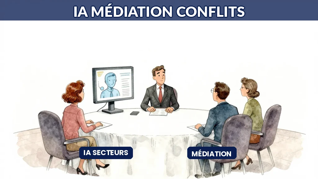 Salle de médiation avec IA assistant à la résolution de conflits entre deux parties