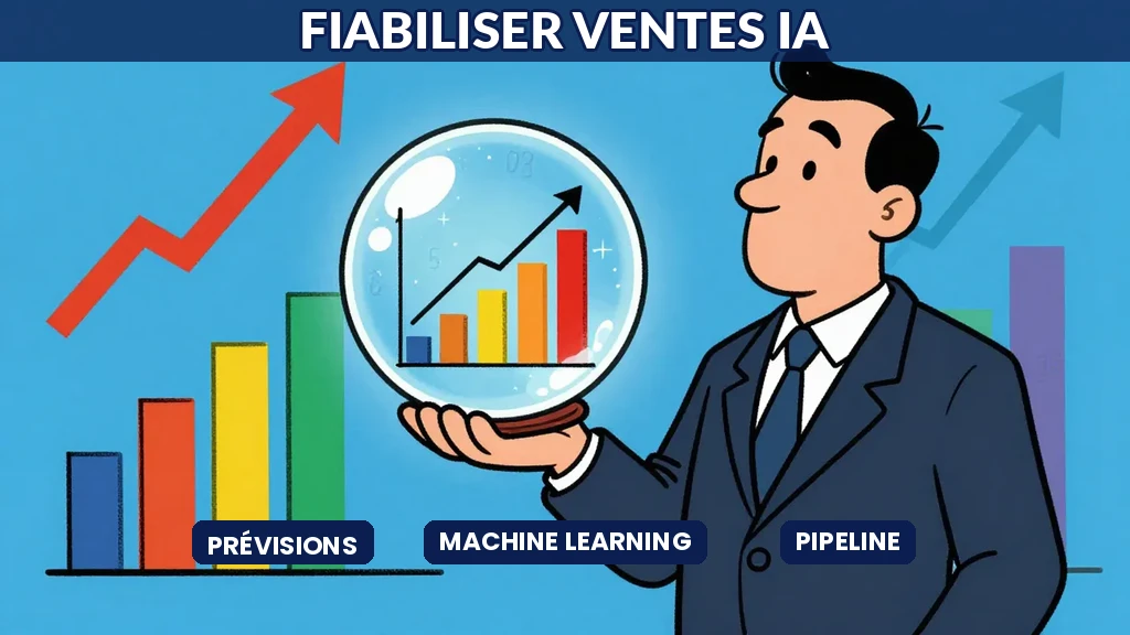 Un cadre de vente tenant un cristal magique qui affiche des chiffres de revenus, entouré de graphiques et de barres colorées, style dessin humoristique