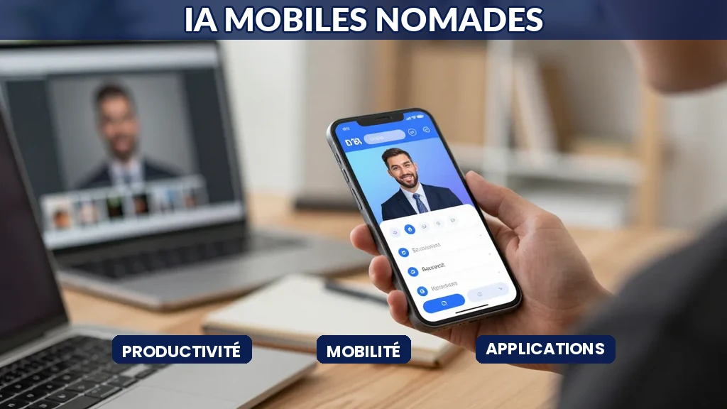 Écran de smartphones avec applications IA installées, interfaces mobiles optimisées, productivité en déplacement