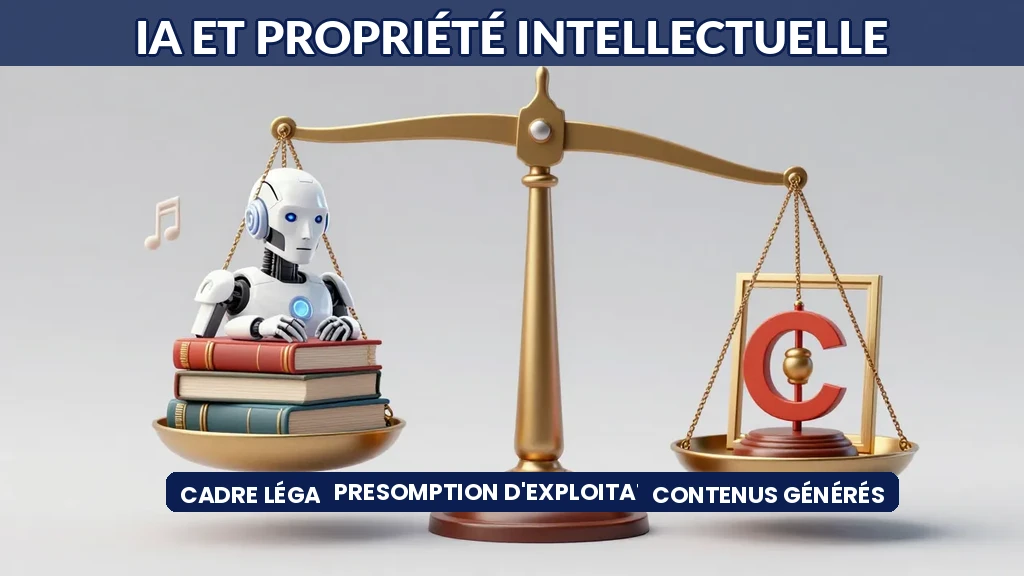 Illustration conceptuelle montrant un balance entre l'intelligence artificielle et la protection des droits d'auteur, avec des symboles de propriété intellectuelle