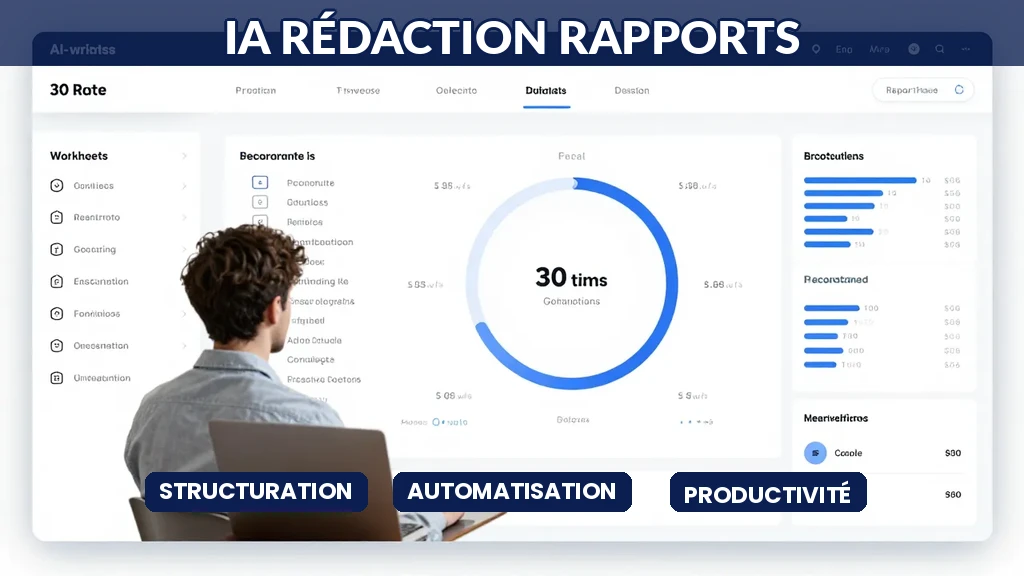 Rédaction de rapport professionnel assistée par IA, interface avec contenus générés automatiquement, structure complète en 30 minutes