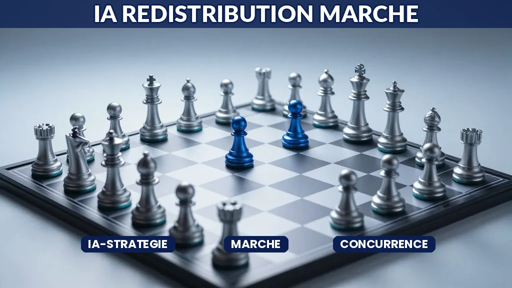 Echiquier strategique avec pieces IA illustrant redistribution parts de marche secteur concurrentiel