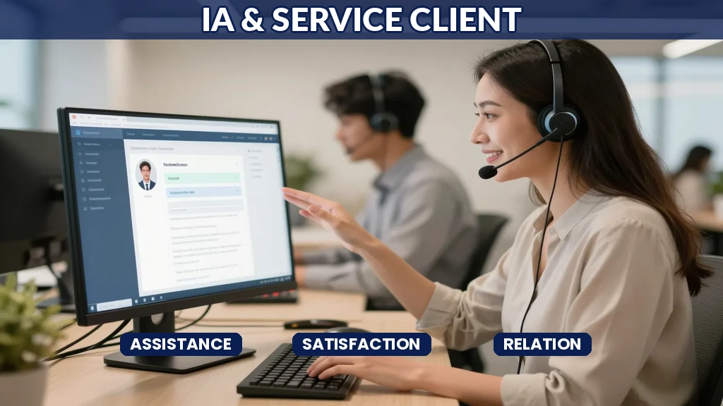 Conseillère de service client française échangeant avec un client sur son écran avec un assistant IA en arrière-plan qui suggère des réponses personnalisées et des ressources pertinentes