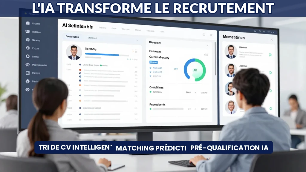 Interface de plateforme de recrutement IA affichant tri de CV, scores de matching et profils de candidats