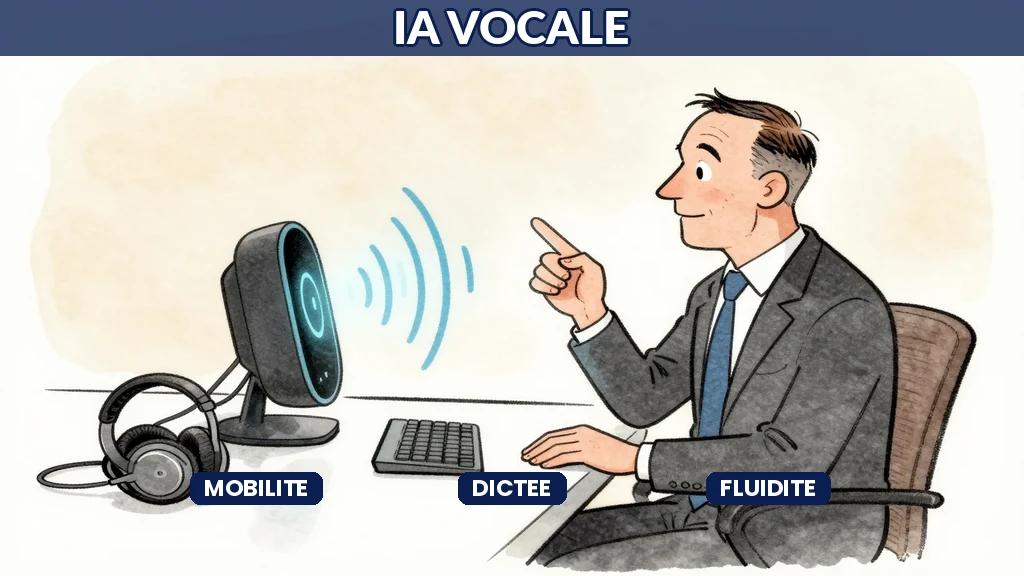 Cadre français utilisant un assistant IA vocal au bureau pour dicter notes et organiser agenda