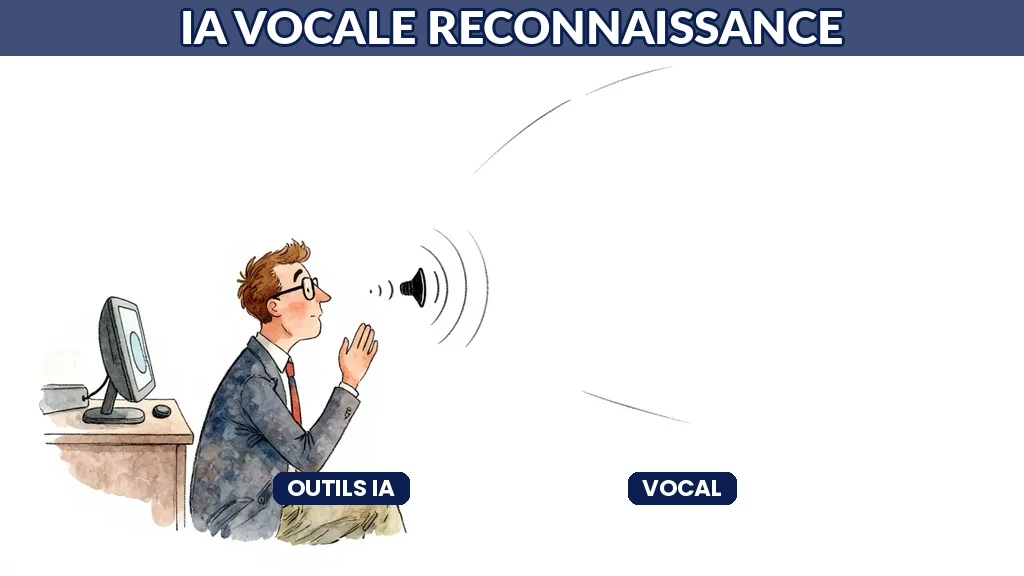 Employé parlant à un assistant IA vocal avec des ondes sonores visibles