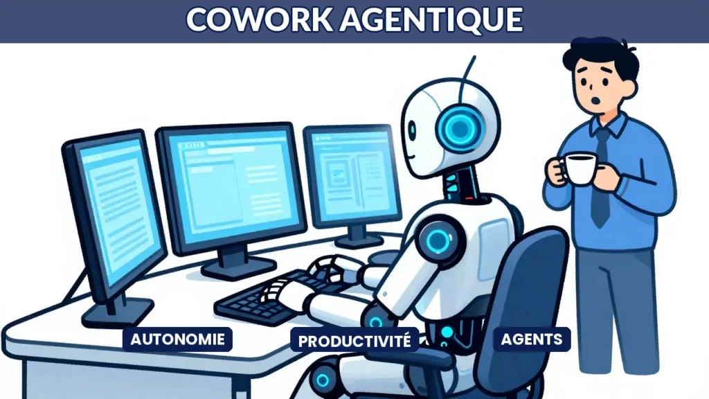 Caricature éditoriale d'un robot IA travaillant de manière autonome à un bureau multi-écrans