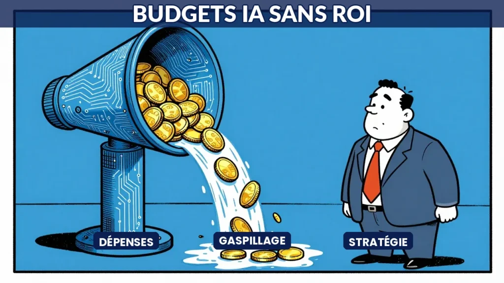 Caricature éditoriale d'un PDG versant des pièces d'or dans un entonnoir technologique avec un maigre retour