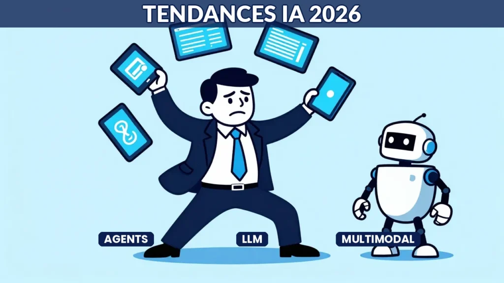 Caricature éditoriale montrant un dirigeant jonglant avec des écrans et un robot IA, illustrant les tendances technologiques IA en 2026