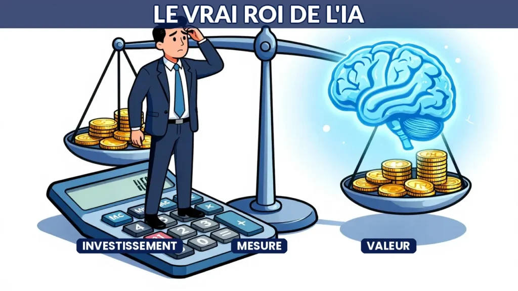 Caricature éditoriale d'un PDG mesurant le retour sur investissement IA avec une balance entre pièces d'or et cerveau artificiel