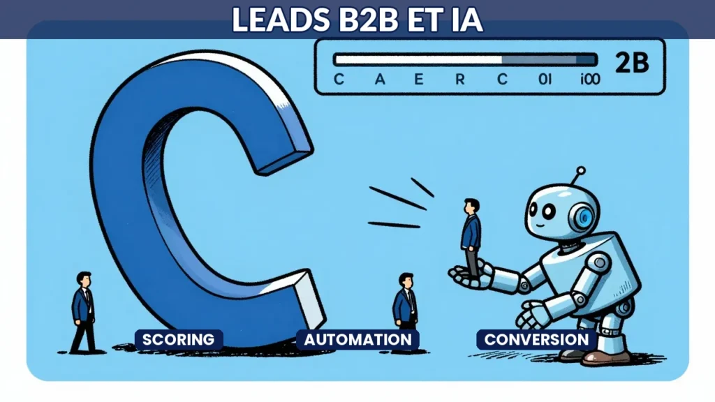 Caricature éditoriale d'un aimant robotique attirant des prospects B2B, illustrant la génération de leads par intelligence artificielle