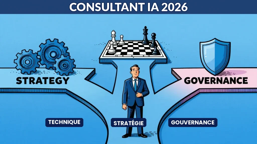 Caricature éditoriale d'un consultant à un carrefour entre technique, stratégie et gouvernance IA en 2026