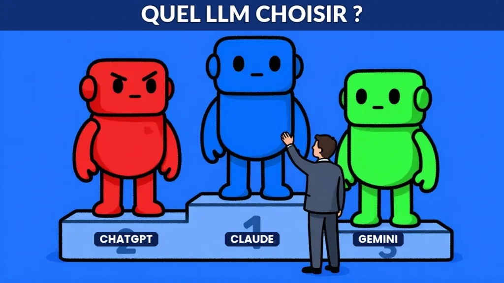 Caricature éditoriale de trois robots IA sur un podium représentant ChatGPT, Claude et Gemini