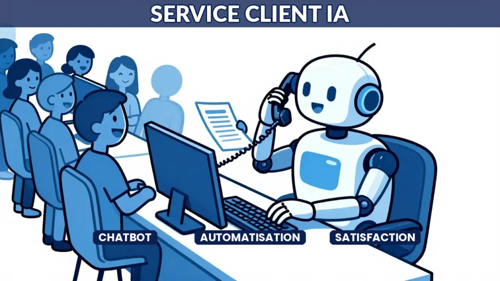 Caricature éditoriale d'un robot multi-bras au service client répondant simultanément à plusieurs demandes