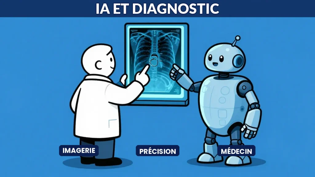 Caricature éditoriale d'un médecin et d'un robot IA examinant une radiographie ensemble