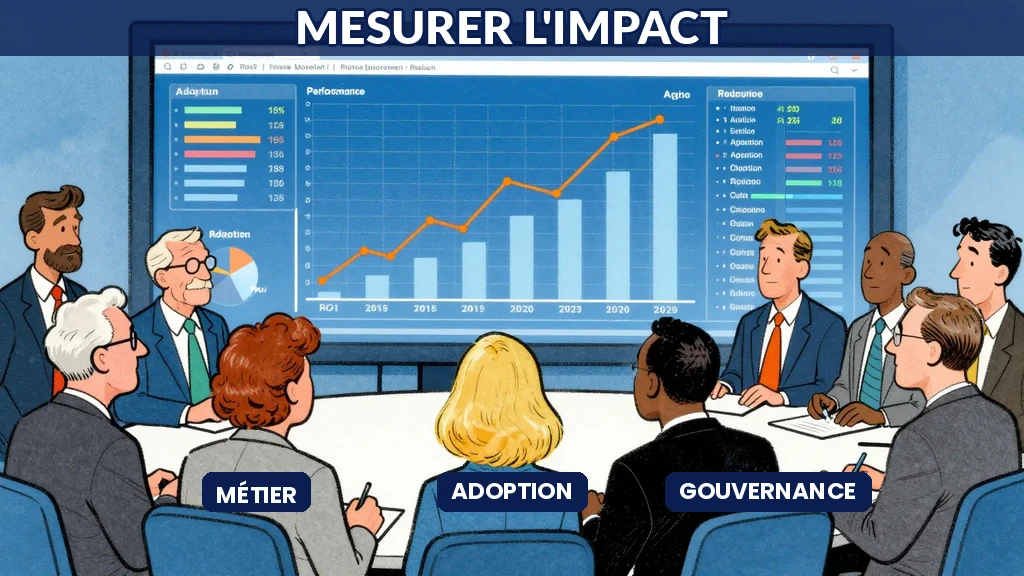Un tableau de bord avec graphiques montant progressivement, montrant des métriques IA en temps réel, équipes consultant regardent ensemble